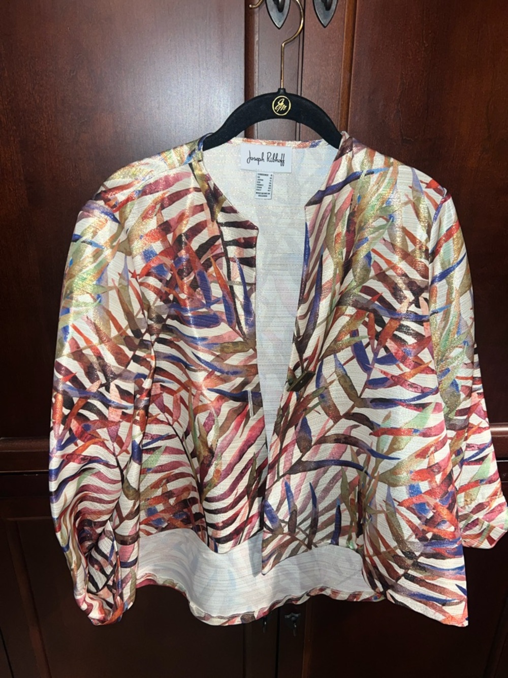 Joseph Ribkoff Multicolor Leaf-Print Open Jacket in Cream, Red & Blue